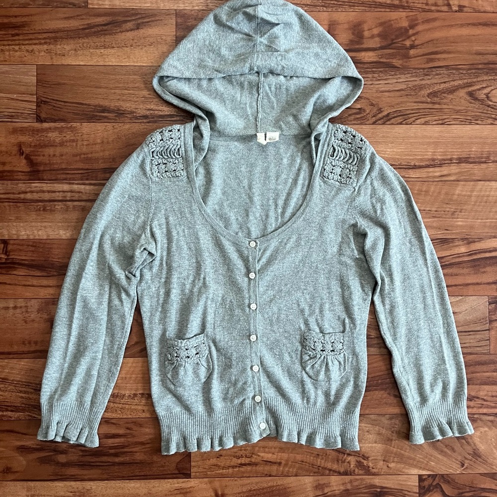 Moth Anthropology Gray Hooded Cardigan with buttons
